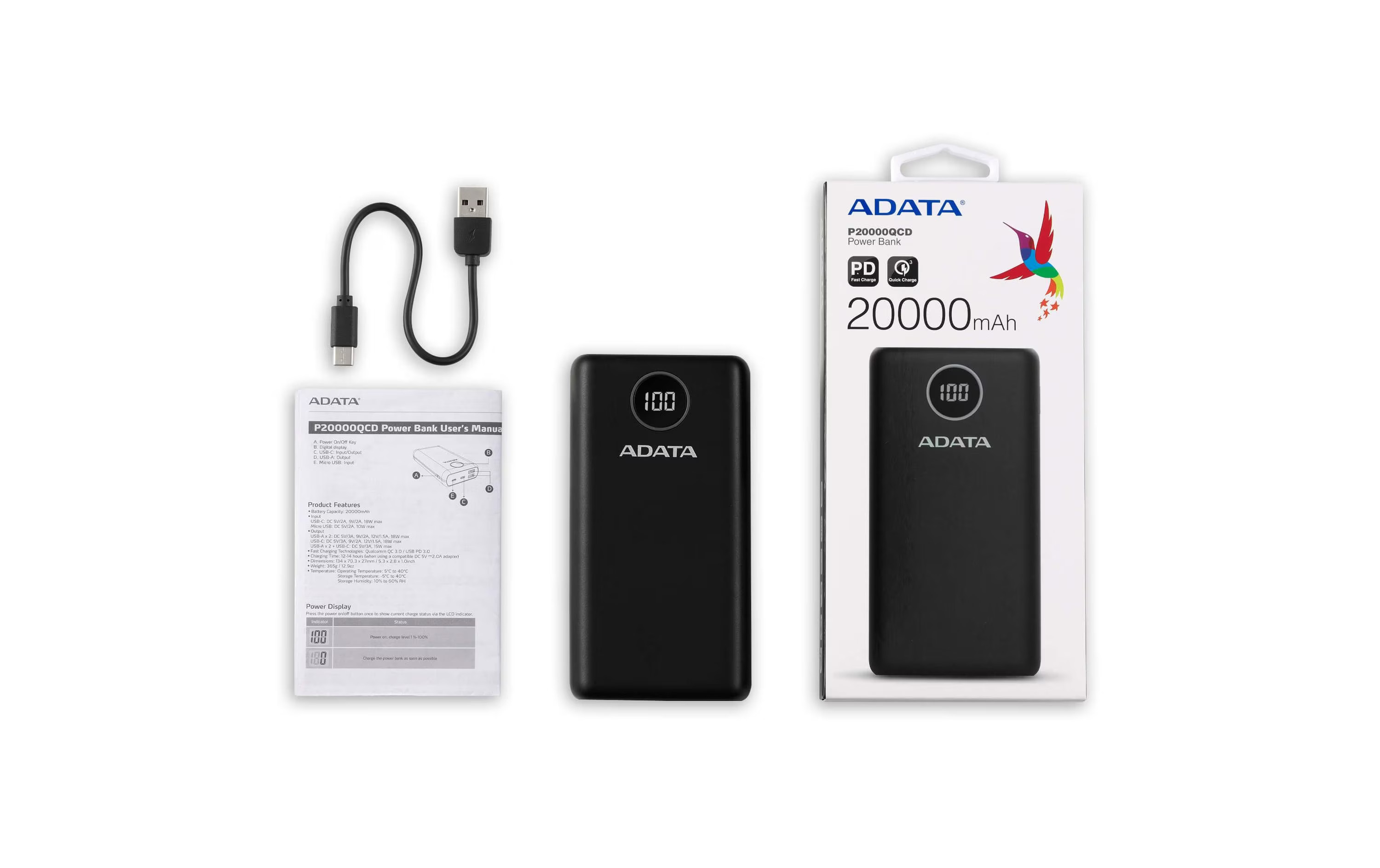 20000 mAh-Powerbank ADATA P20000QCD (20000 mAh, USB-A, USB-C, Display)