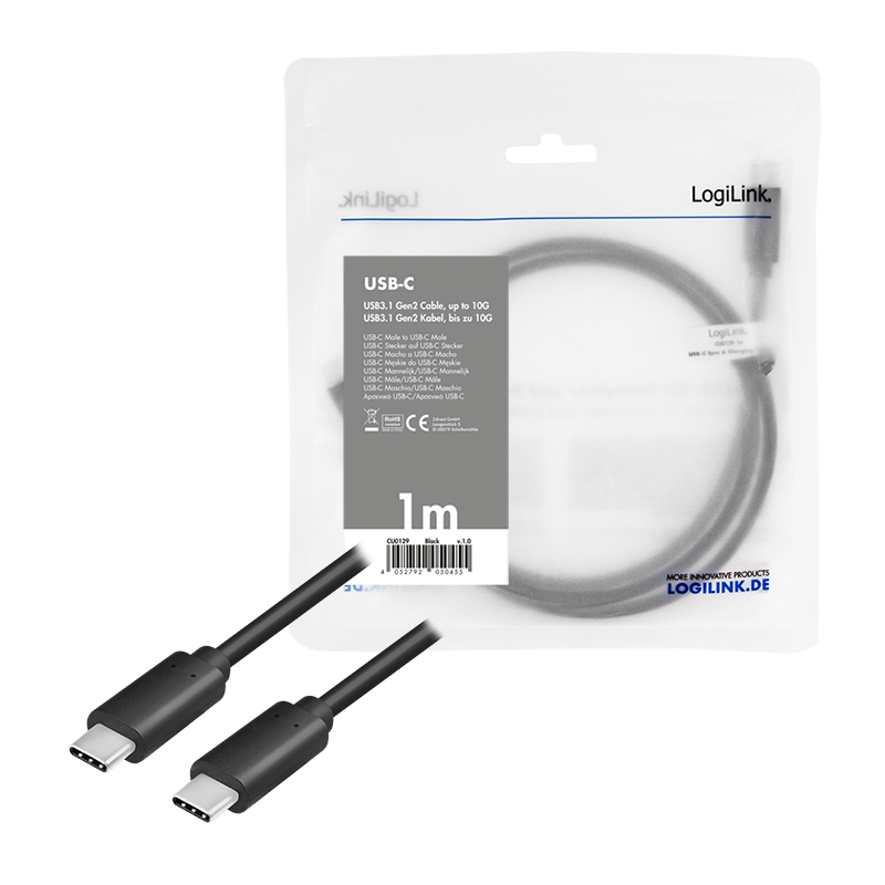 USB 3.2 Gen2 Type-C Kabel, C/M zu C/M, E-mark, PD, 4K/60 Hz, schwarz, 1 m